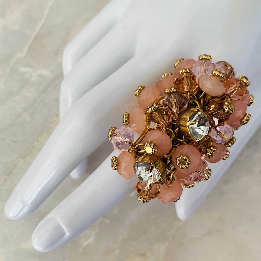 Pink Baubles and Rhinestone Cluster Stretch Ring